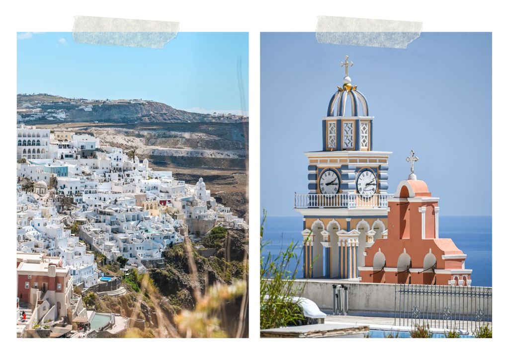 Visite de la ville de Fira (Thira, Santorin) Point de vue sur la ville et cloché d'église orthodoxe